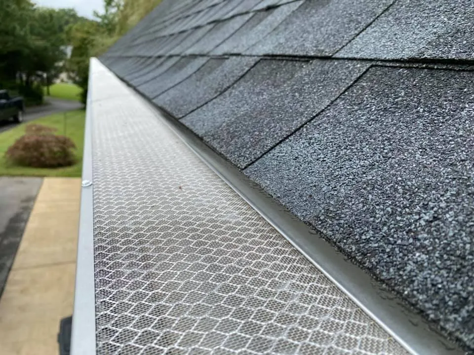 Close-up of a new aluminum gutter with mesh leaf-guard gutter protection installed along an architectural shingle roof in Leonardtown, MD
